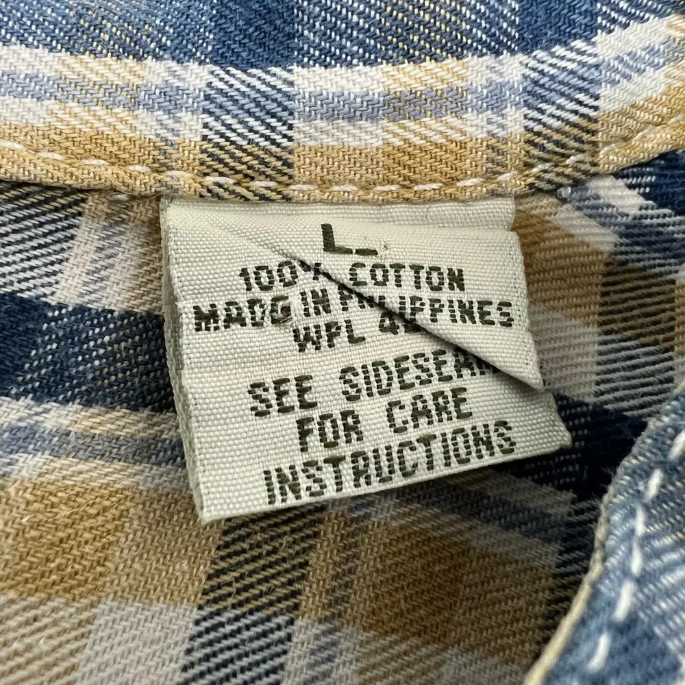 Vintage Levis Shirt Mens Size Large Blue Plaid Pockets Cotton Stand Collar